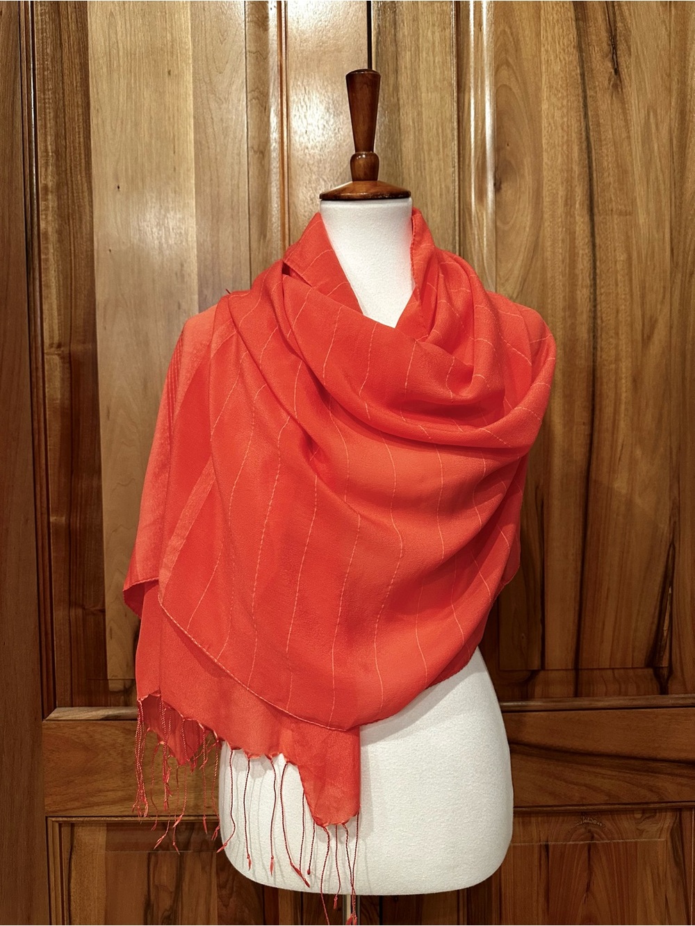 Tsiakiris 100% Silk - Greece - Vibrant Orange/Melon Subtly Striped Scarf EUC